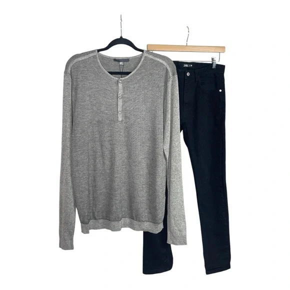 John Varvatos Silk Blend Light Heather Grey Henley L - Picture 3 of 9